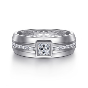Gabriel & Co. MR20048W44JJ 14 karat white gold Monument men's ring, front view of a square colorless stone in a raised bezel between channel set baguettes