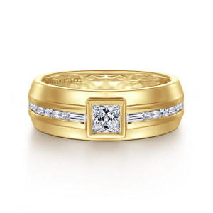 Gabriel & Co. MR20048Y44JJ 14 karat yellow gold Monument men's ring, front view of the bezel set square diamond flanked by baguette diamonds in the channel