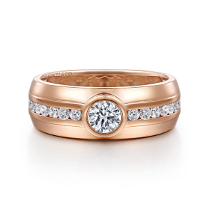 Gabriel & Co. MR20049K44JJ 14 karat rose gold Monument men's ring, front view of the round bezel diamond with a channel row of small diamonds on either side