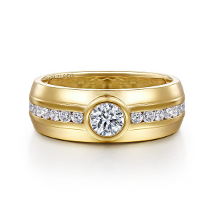 Gabriel & Co. MR20049Y44JJ 14 karat yellow gold Monument men's ring, front view of the bezel-set center diamond with channel-set diamonds running off to each side