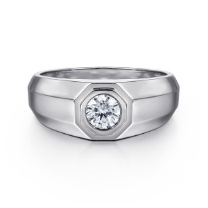 Gabriel & Co. MR20050W44JJ 14 karat white gold Monument men's ring, front view of a round colorless stone sitting low in a stepped octagonal bezel