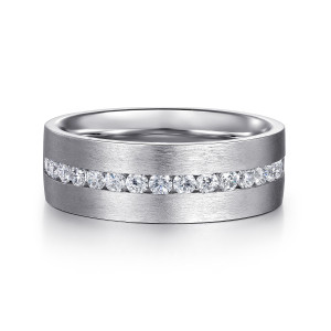 Gabriel & Co. MR20053W44JJ 14 karat white gold Monument men's wedding ring, front view of the diamond row running across the brushed face of the flat band