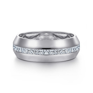 Gabriel & Co. MR20064W44JJ 14 karat white gold Monument men's wedding ring, front view of a domed polished band with a continuous center row of square cut stones