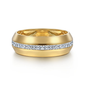 Gabriel & Co. MR20064Y44JJ 14 karat yellow gold Monument men's wedding ring, front view of the square diamonds set edge to edge in a channel between polished halves
