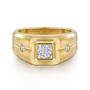 Gabriel & Co. MR20065Y44JJ 14 karat yellow gold Monument men's ring, front view of the stepped square frame, the four diamonds and a round diamond on each side