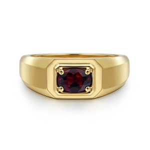 Gabriel & Co. MR20066Y4JGN 14 karat yellow gold Contemporary men's signet ring, front view of the red oval stone in four ball tipped prongs and a stepped frame