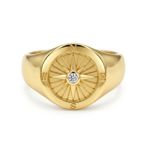 Gabriel & Co. MR20070Y45JJ 14 karat yellow gold Polaris men's signet ring, front view of the round compass face with its star, fine rays and center diamond