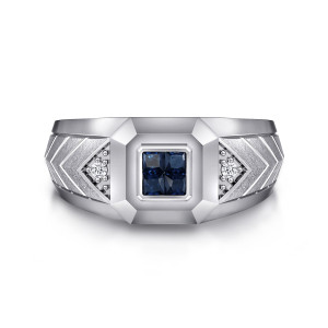 Gabriel & Co. MR20127SVJMC sterling silver Facets men's ring, front view of the deep blue square stones in a clipped corner frame with chevron side notches