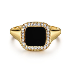 Gabriel & Co. MR20130Y45OX 14 karat yellow gold Contemporary men's ring, front view of the glossy black panel, the ring of small stones and the beaded rim