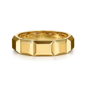 Gabriel & Co. MR20136Y4JJJ 14 karat yellow gold Geo men's ring, front view of a long raised block flanked by shorter blocks and sloped bevels