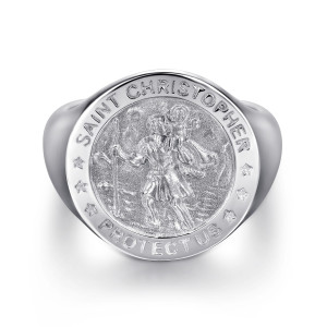 Gabriel & Co. MR20147SVJJJ sterling silver Contemporary men's signet ring, front view of the round relief with a staff bearing figure inside a ring of lettering and stars