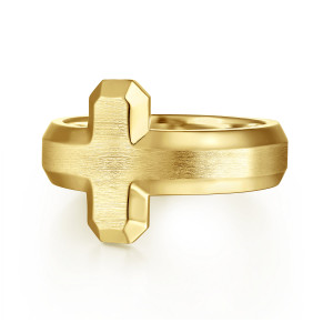 Gabriel & Co. MR20151Y4JJJ 14 karat yellow gold Facets men's ring, front view of the brushed cross face with faceted polished tips joining the beveled band