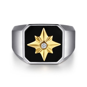 Gabriel & Co. MR20153MZ5OX sterling silver and 14 karat yellow gold Polaris men's wide band, front view of the fluted star with a small colorless stone on the black clipped corner panel
