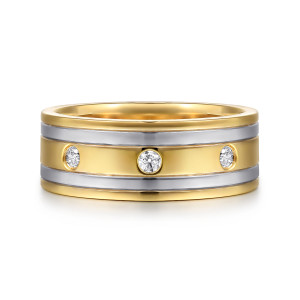 Gabriel & Co. MR20155M45JJ 14 karat white and yellow gold Monument men's band, front view of the wide center strip with spaced bezel diamonds between two cool toned stripes