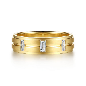 Gabriel & Co. MR20237Y43JJ 14 karat yellow gold Monument men's ring, front view of the baguette diamonds standing across the groove between two satin tracks