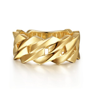 Gabriel & Co. MR52061Y4JJJ 14 karat yellow gold Facets men's band, front view of slanted polished links overlapping across the face with small open gaps
