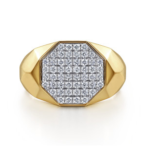 Gabriel & Co. MR52063Y45JJ 14 karat yellow gold Facets men's signet ring, front view of the octagonal diamond face framed by a smooth border and angled shoulders