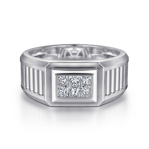 Gabriel & Co. MR52064W44JJ 14 karat white gold Monument men's ring, front view of the six square diamonds in two rows inside a stepped frame