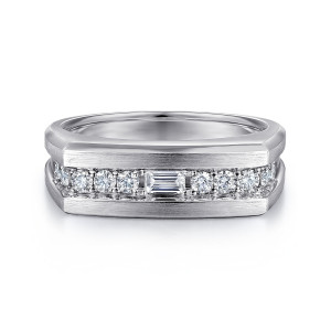 Gabriel & Co. MR52065W44JJ 14 karat white gold Monument men's ring, front view of the flat brushed ledges framing a row of round diamonds and a center baguette