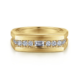 Gabriel & Co. MR52065Y44JJ 14 karat yellow gold Monument men's ring, front view of the satin rails and the diamond row with its lengthwise rectangular center stone