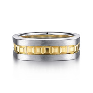Gabriel & Co. MR52066M4JJJ 14 karat white and yellow gold Geo men's ring, front view of the row of stepped square studs between two brushed rails