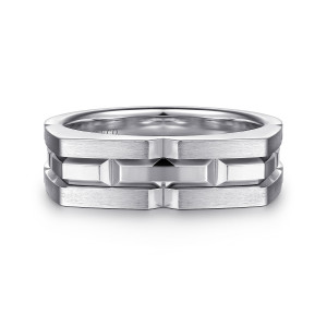 Gabriel & Co. MR52067SVJJJ sterling silver Geo men's wide band, front view of the flat topped band with polished blocks between two brushed rails