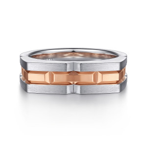 Gabriel & Co. MR52067T4JJJ 14 karat white and rose gold Geo men's ring, front view of satin rails framing a center strip of beveled bars