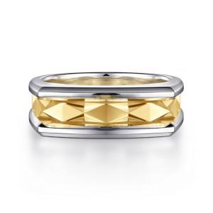 Gabriel & Co. MR52068M4JJJ 14 karat white and yellow gold Facets men's ring, front view of the faceted diamond shape pattern held between two polished rails
