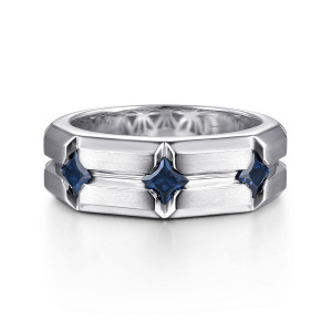 Gabriel & Co. MR52074SVJSB sterling silver Geo men's wide band, front view of square blue stones on point set in a groove between two satin ridges