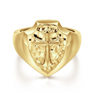 Gabriel & Co. MR52075Y4JJJ 14 karat yellow gold Contemporary men's signet ring, front view of a flared cross on a pointed shield with a hammered ground
