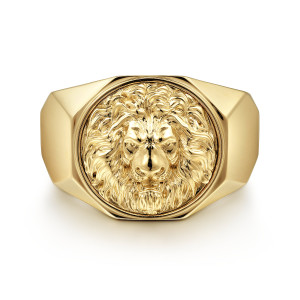 Gabriel & Co. MR52088Y4JJJ 14 karat yellow gold Facets men's ring, front view of the lion's head with flowing mane inside a round rim on the angular top