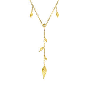 Gabriel & Co. NK1384Y45JJ 14 karat yellow gold Contemporary necklace, front view of the rope edged diamond setting and veined leaves on the drop
