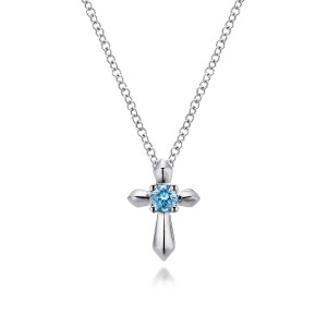 Gabriel & Co. NK1696SVJBT sterling silver Color necklace, front view of the ridged pointed arms meeting at a round sky blue stone in prongs