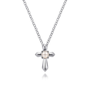 Gabriel & Co. NK1696SVJPL sterling silver Color necklace, front view of the pointed cross arms around a round pearl on a link chain