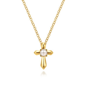 Gabriel & Co. NK1696Y4JPL 14 karat yellow gold Color necklace, front view of a pointed arm cross with a round pearl held by four prongs