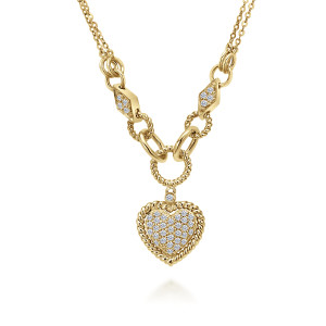 Gabriel & Co. NK1887Y44JJ 14 karat yellow gold Hampton necklace, front view of a pave heart with twisted rim hanging from a twisted round link
