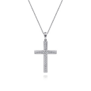 Gabriel & Co. NK1900W45JJ 14 karat white gold Contemporary necklace, front view of the squared cross, its single stone row and the narrow loop bail