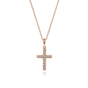 Gabriel & Co. NK2237K45JJ 14 karat rose gold Lusso necklace, front view of the straight cross with its single line of diamonds and tube shaped bail