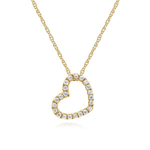 Gabriel & Co. NK2239Y45JJ 14 karat yellow gold Lusso necklace, front view of the tilted open heart with prong set stones along its whole outline