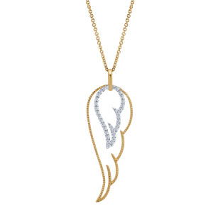 Gabriel & Co. NK2279M45JJ 14 karat white and yellow gold Contemporary necklace, front view of the open wing outline, its textured edge and the inner pave wing