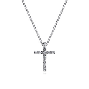 Gabriel & Co. NK2658W45JJ 14 karat white gold Lusso necklace, front view of the cross with one line of prong set diamonds along each arm