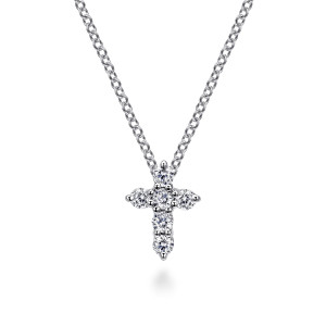 Gabriel & Co. NK2664W45JJ 14 karat white gold Lusso necklace, front view of the cross, its round stones each in separate prongs