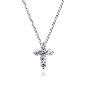 Gabriel & Co. NK2665W45JJ 14 karat white gold Lusso necklace, front view of the cross of round diamonds, each stone held in its own prongs
