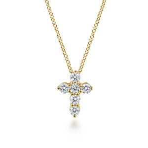 Gabriel & Co. NK2665Y45JJ 14 karat yellow gold Lusso necklace, front view of the cross built from six prong set round diamonds