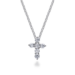 Gabriel & Co. NK2666W45JJ 14 karat white gold Lusso necklace, front view of a cross made of separate prong set round diamonds with open space between