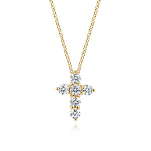 Gabriel & Co. NK2666Y45JJ 14 karat yellow gold Lusso necklace, front view of the round diamonds in prongs forming the cross, with pointed prong tips