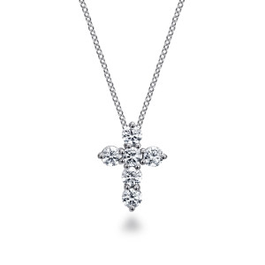 Gabriel & Co. NK2667W45JJ 14 karat white gold Lusso necklace, front view of the frameless cross of round diamonds held in separate prongs