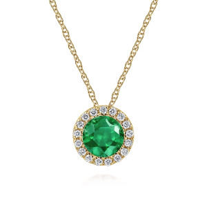 Gabriel & Co. NK2824Y45EA 14 karat yellow gold Color necklace, front view of a round green stone ringed by close set small diamonds