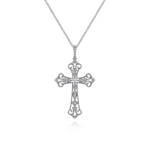 Gabriel & Co. NK2986W45JJ 14 karat white gold Victorian necklace, front view of the scrolled openwork cross with its stone set bail and beaded edges