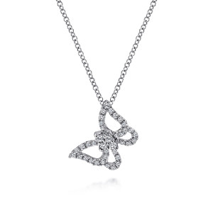 Gabriel & Co. NK3019W45JJ 14 karat white gold Lusso necklace, front view of the butterfly, its open wing outlines and the stone cluster at its body